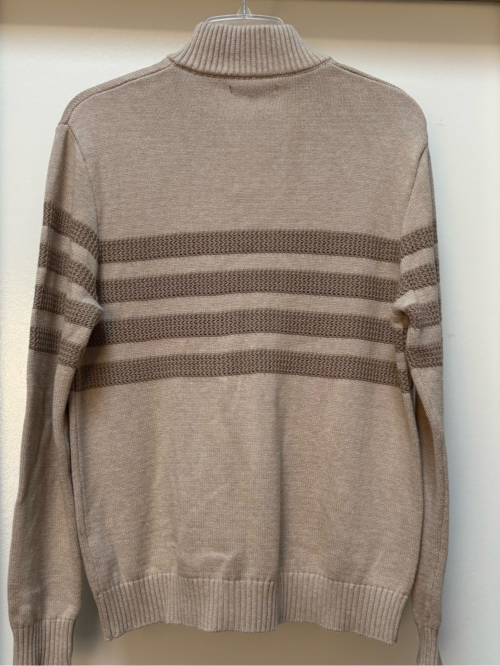 Tahari Mens Tan Quarter Zip Sweater Striped Cotton Knit Mock Neck Pullover Large - Picture 3 of 6
